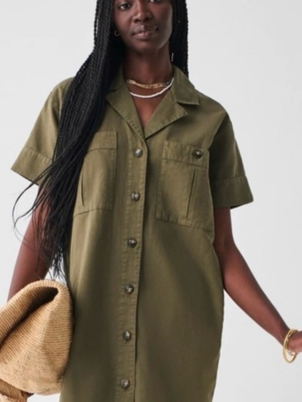 Faherty Olive Green Short Sleeve Shirt Dress